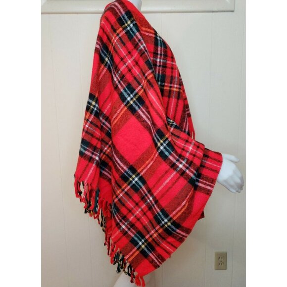 Vintage Fringe Poncho Red Tartan Plaid Wearable Stadium Blanket Washable 70s USA - Picture 4 of 9